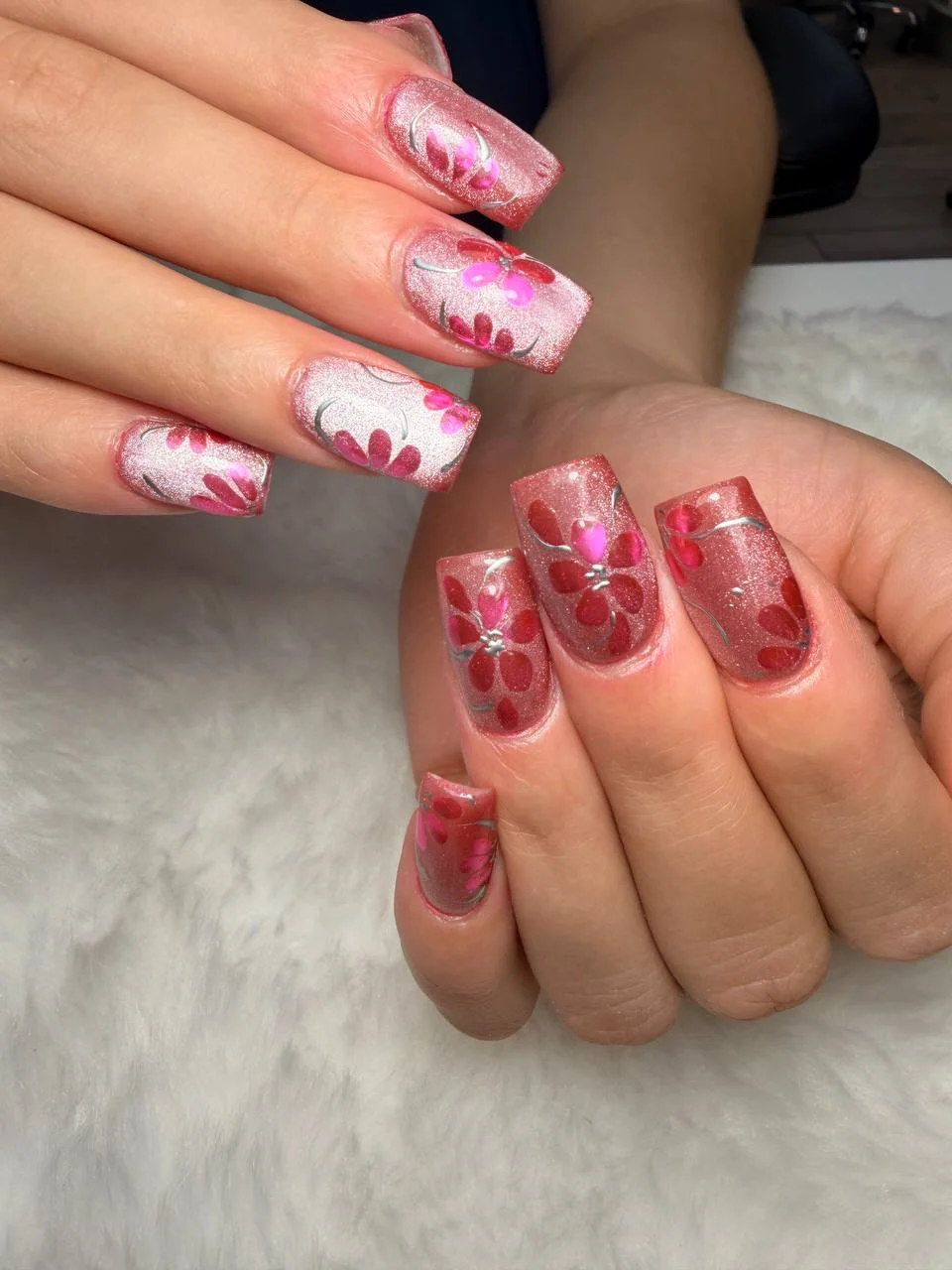 Red floral acrylic nails